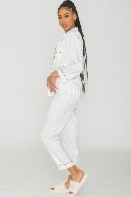 White satin pyjamas with stripes - Cinelle Paris, fashion woman.