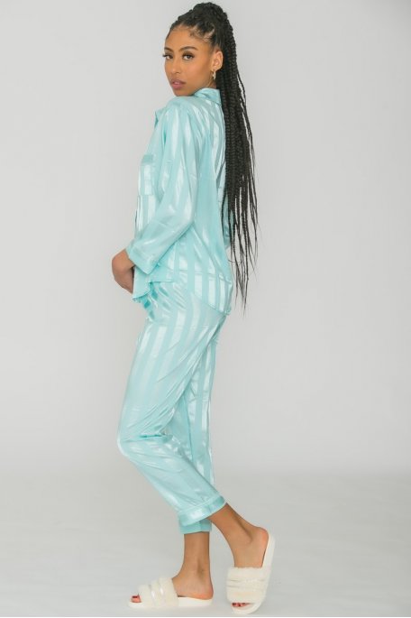 Pyjama satiné à rayures turquoise - Cinelle Paris, mode femme tendance.