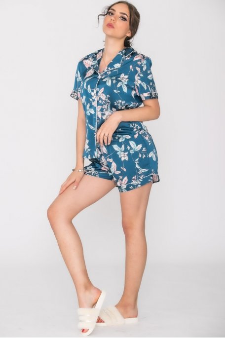 Ensemble pyjama short et chemise fleuri bleu