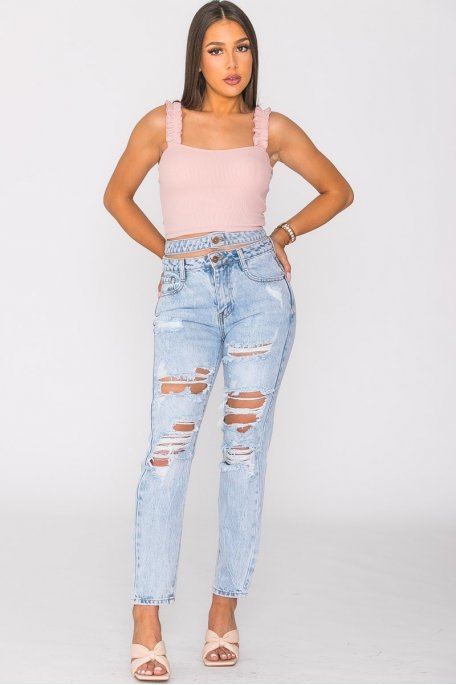 Jean mom fit ajouré à la taille bleu