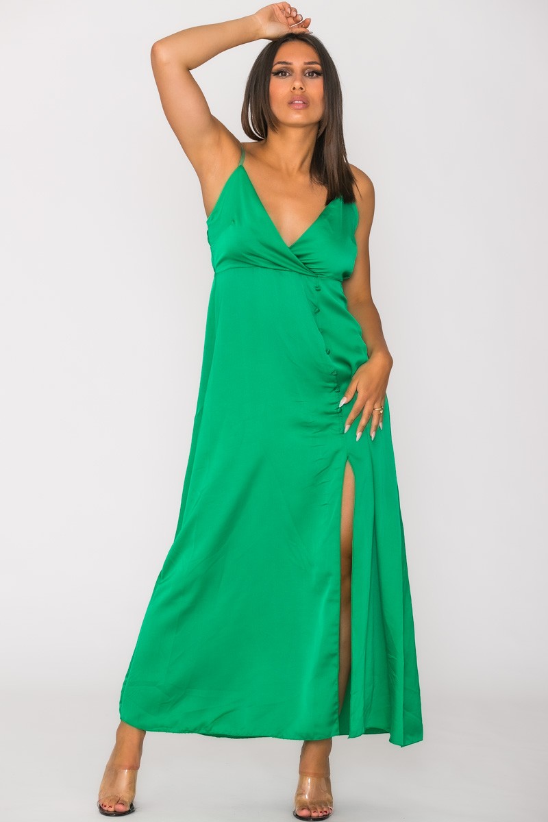 Robe verte longue satinée fendue Cinelle Paris, mode femme tendance