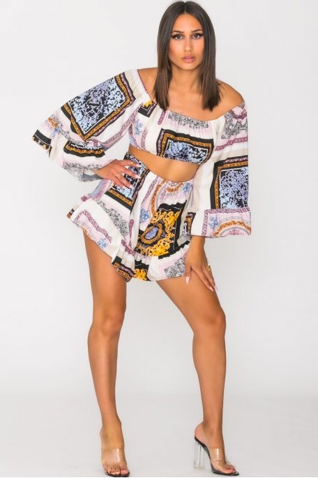 Ensemble crop top short à motif noir