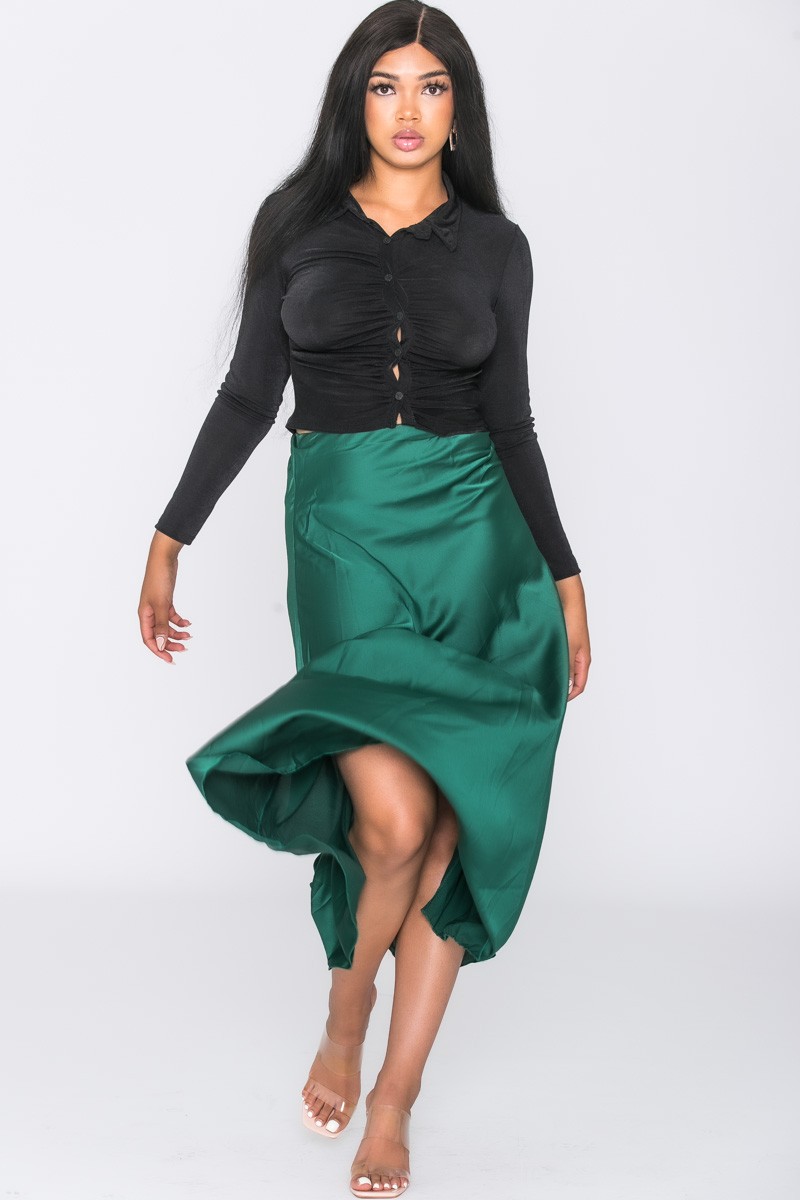 Jupe longue verte satinée fluide Cinelle Paris, mode femme tendance