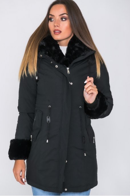 Daunenjacke mit Kapuze und Kunstpelz schwarz
