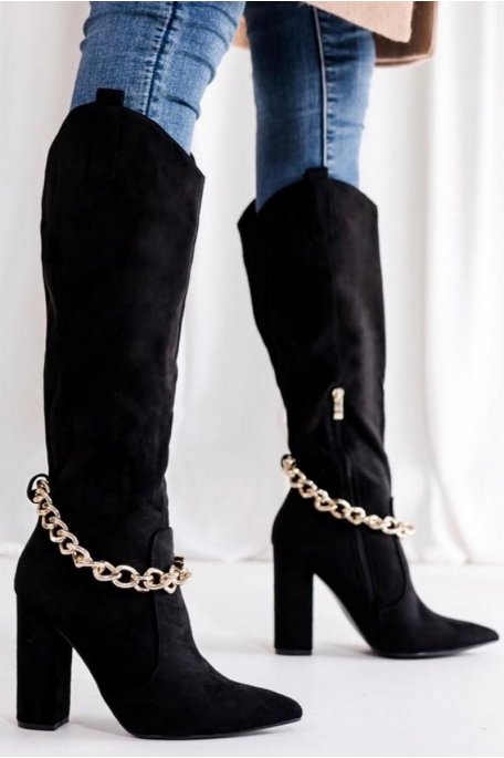 Heel boots suede effect gold chain black