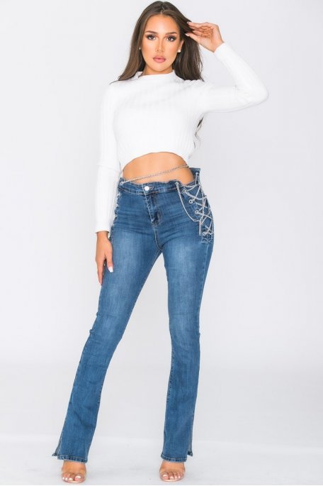 Jeans Flare verwaschene Ketten blau