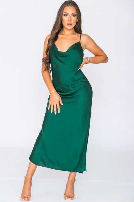 Long dress with satin straps and green slit