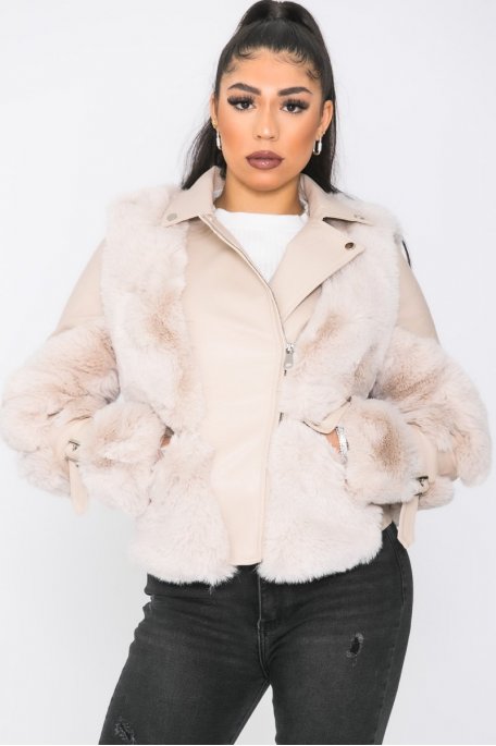 Manteau court simili fausse fourrure poche beige