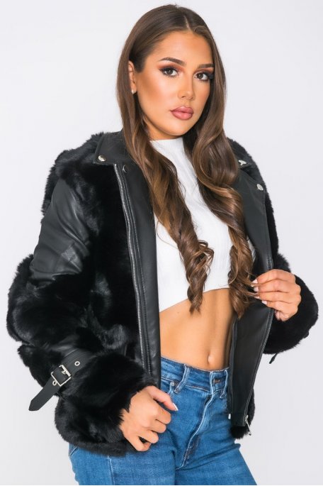 Short coat faux fur pocket black