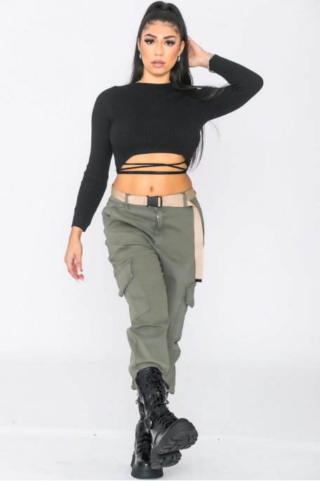 Funnel Neck Crop Tee & Belted Cargo Pants