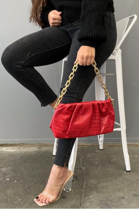 Crocodile effect handbag with red chain