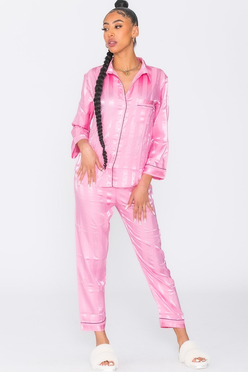 Satin pyjamas with pink stripes - Cinelle Paris, fashion woman.
