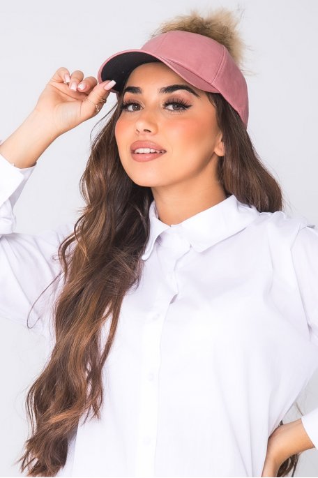 Faux leather cap with pink pompon