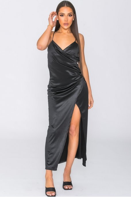 Long satin slit dress with black wrap
