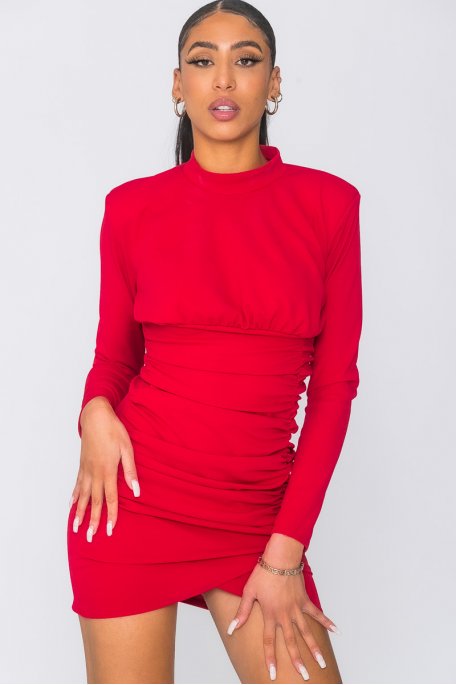 Robe col montant froncée rouge