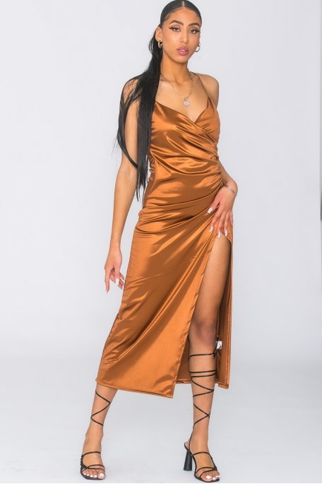 Camel satin slit wrap dress