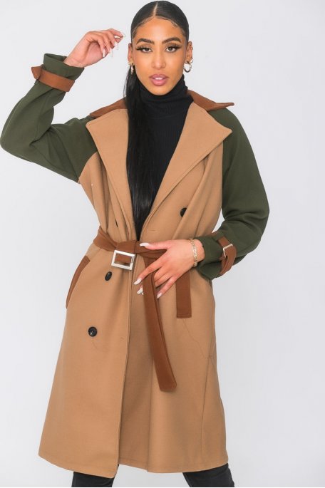 Manteau trench tricolore camel