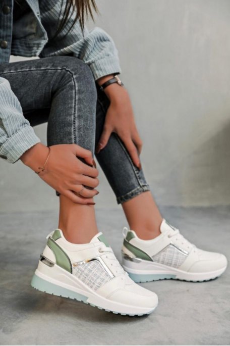 Green tweed bi-material sneakers