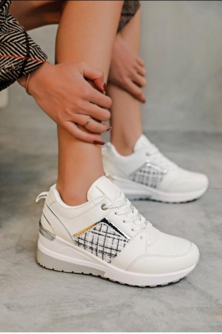 White tweed bi-material sneakers