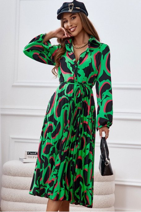 Robe longue plissée motif abstrait vert