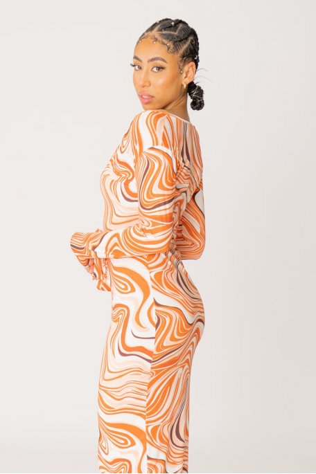 Robe longue motif marbré col v ceinturée orange