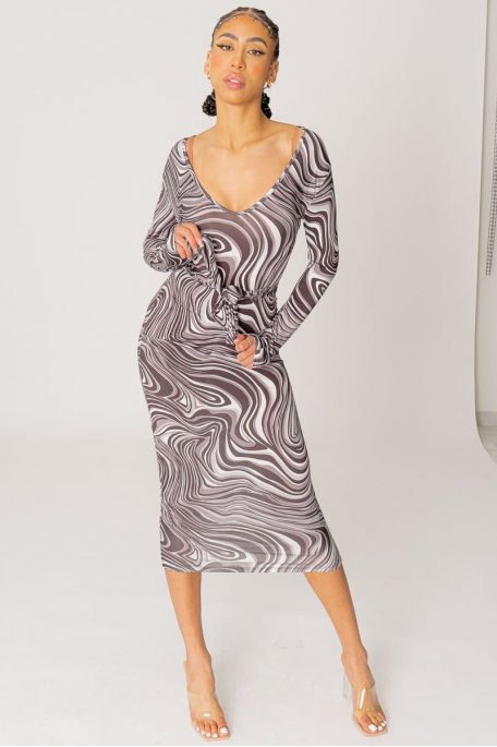 Langes Kleid mit Marmormuster und V-Ausschnitt mit Gürtel in Grau