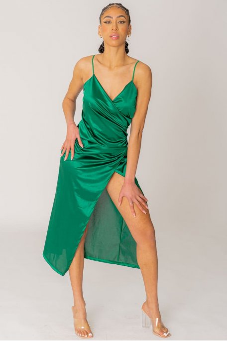 Long satin slit dress with green wrap