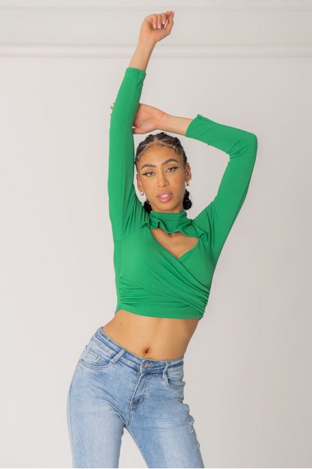 Ribbed openwork crop top with green high neck