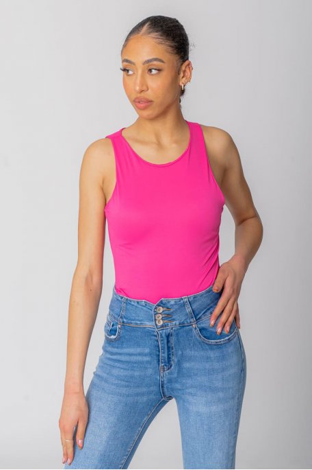 Fuchsia sleeveless bodysuit with round neck