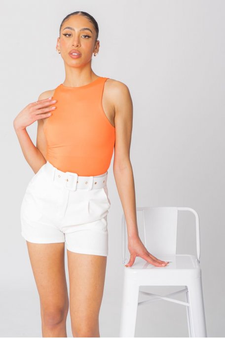 Orange sleeveless bodysuit with round neck