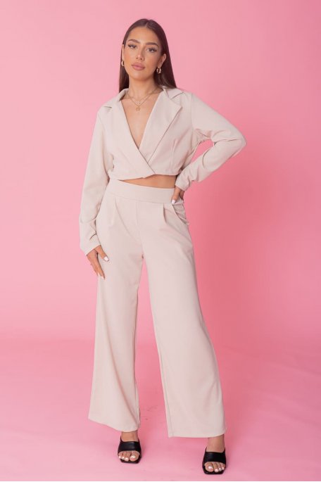 Beige wide pants suit