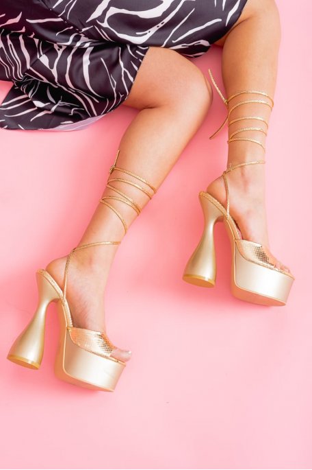 High heels sandals platform laces gold