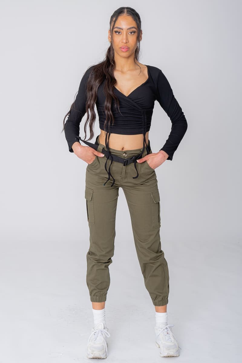 Khaki cargo pants with belt - Cinelle Paris