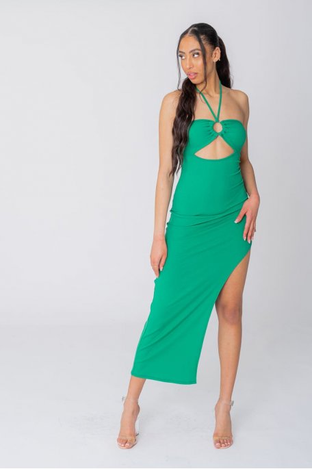 Ribbed long dress with green ring